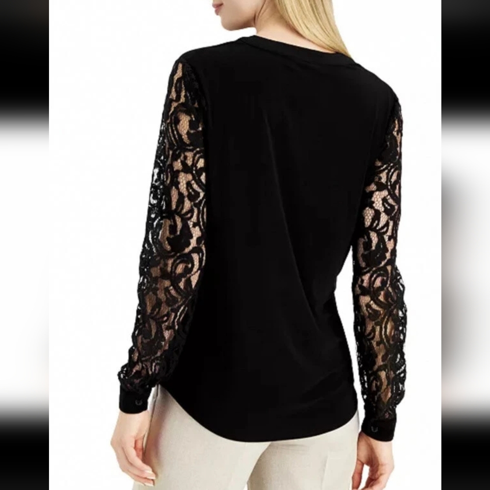 Kasper Plus Split Vneck Velvet Lace Longsleeve Top - Picture 2 of 10